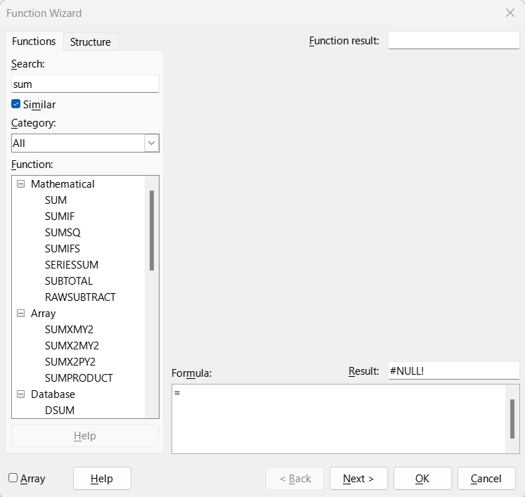 Functions tab of Function Wizard