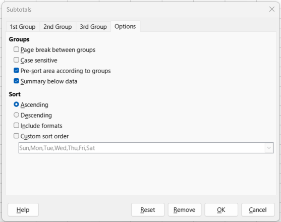 Options tab of the Subtotals dialog