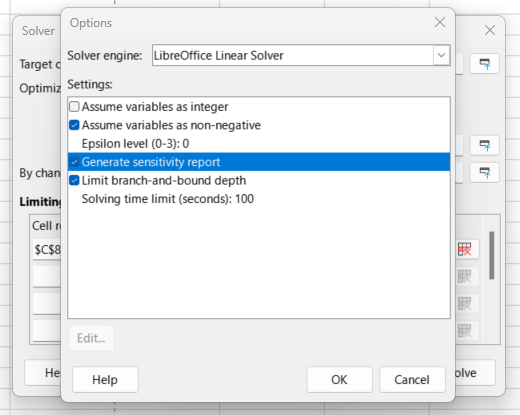 Solver Options settings dialog