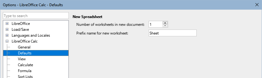Options > LibreOffice Calc > Defaults dialog