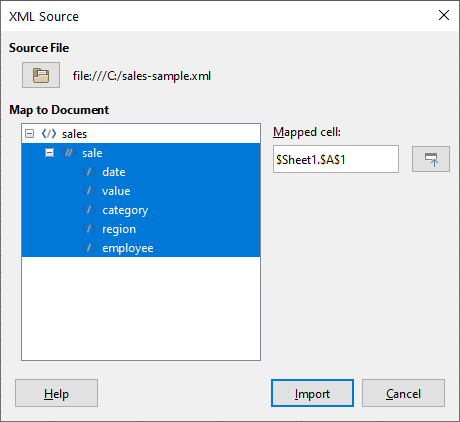 XML Source dialog (populated)