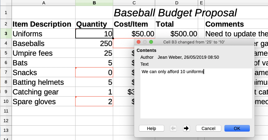 Entering a comment associated with a change