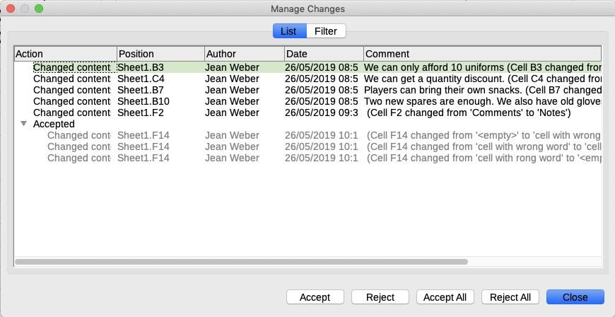 Manage Changes dialog – List tab