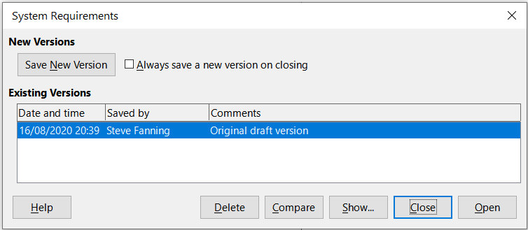 Version management dialog
