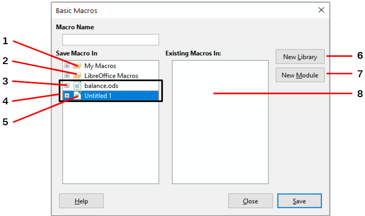 Parts of the Basic Macros dialog