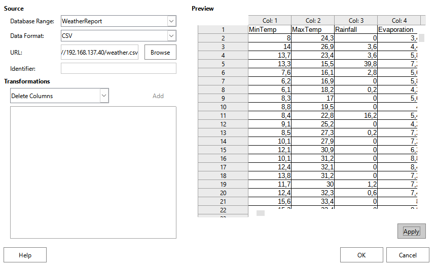 Data provider dialog