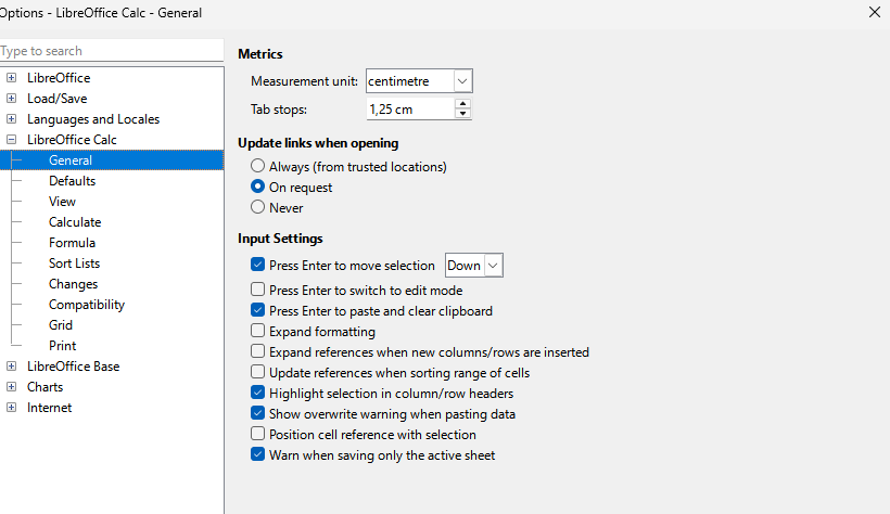 Selecting general options for Calc