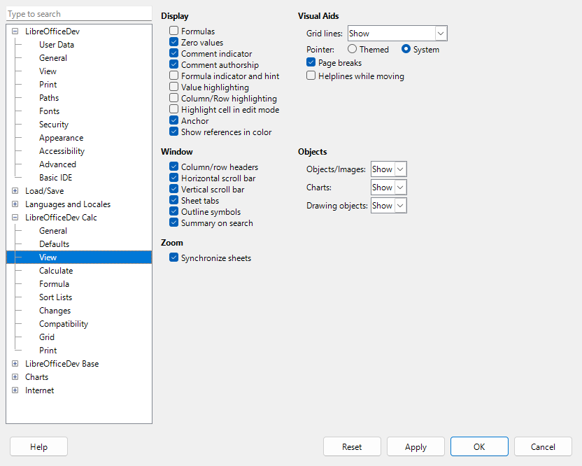 Selecting view options for Calc