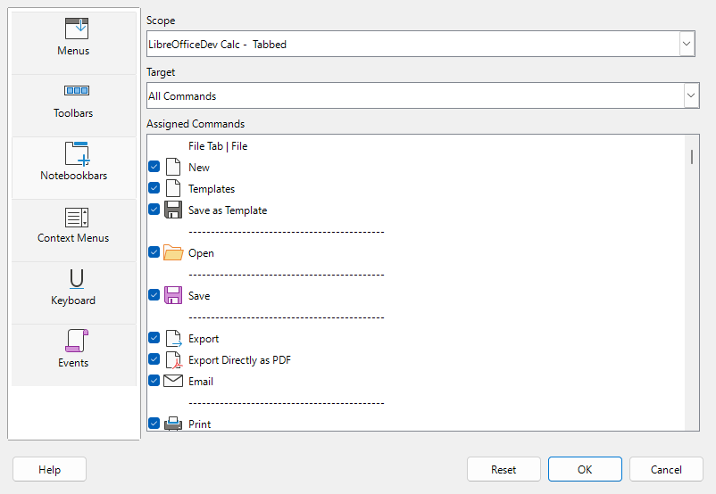 The Notebookbar tab of the Customize dialog