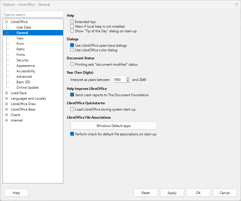 Options LibreOffice dialog — General page