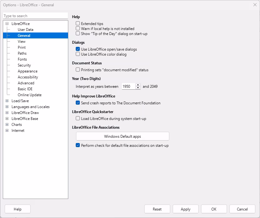 Options LibreOffice dialog — General page