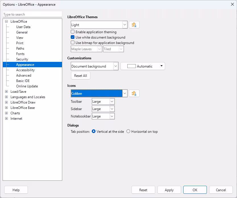 Options LibreOffice dialog — Appearance page