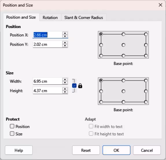 Position and Size dialog
