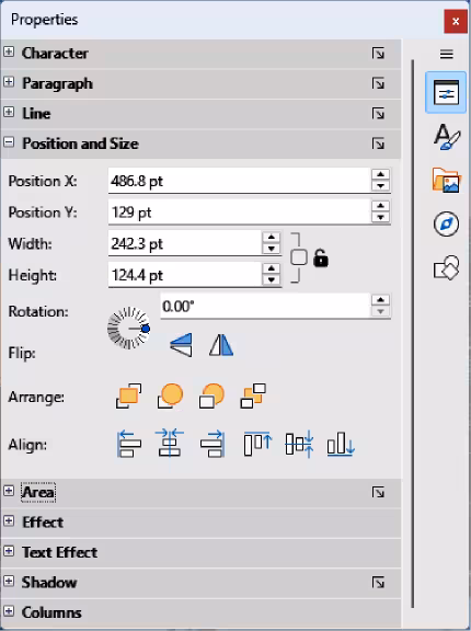 Position and Size panel in Properties deck on Sidebar