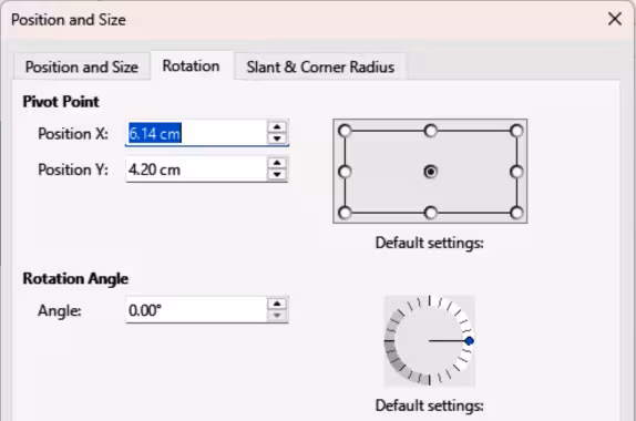 Position and Size dialog — Rotation page