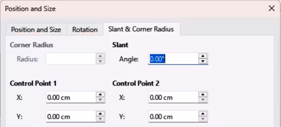 Position and Size dialog — Slant & Corner Radius page