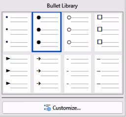 Bullet Library dialog for bullet lists