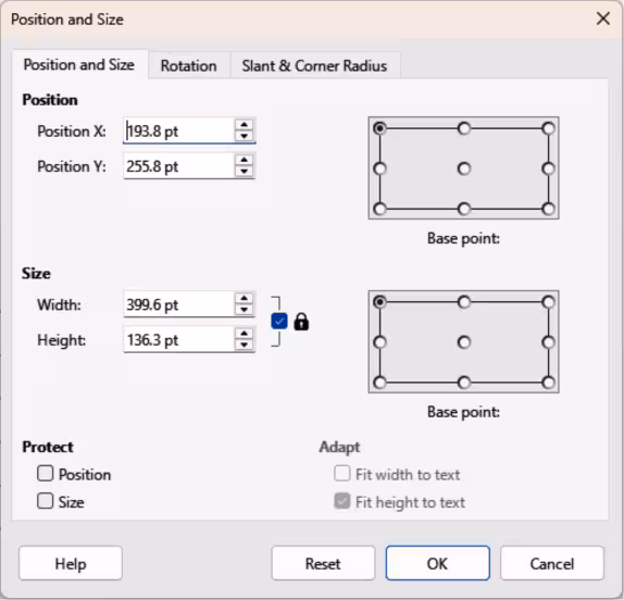 Position and Size dialog