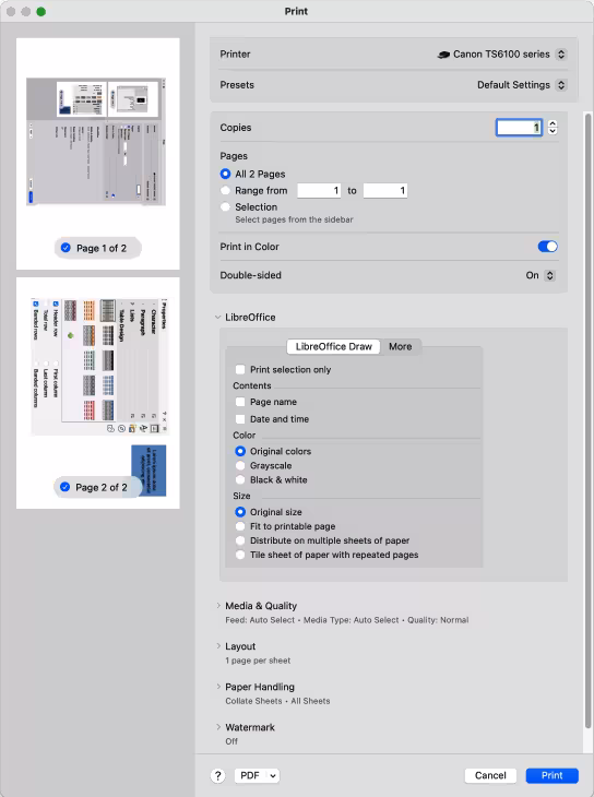 Example Print dialog — LibreOffice Draw page — macOS