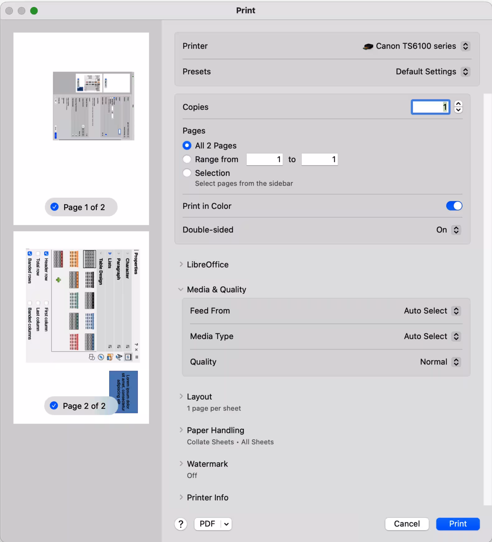 Example Print dialog — LibreOffice Media & Quality page — macOS