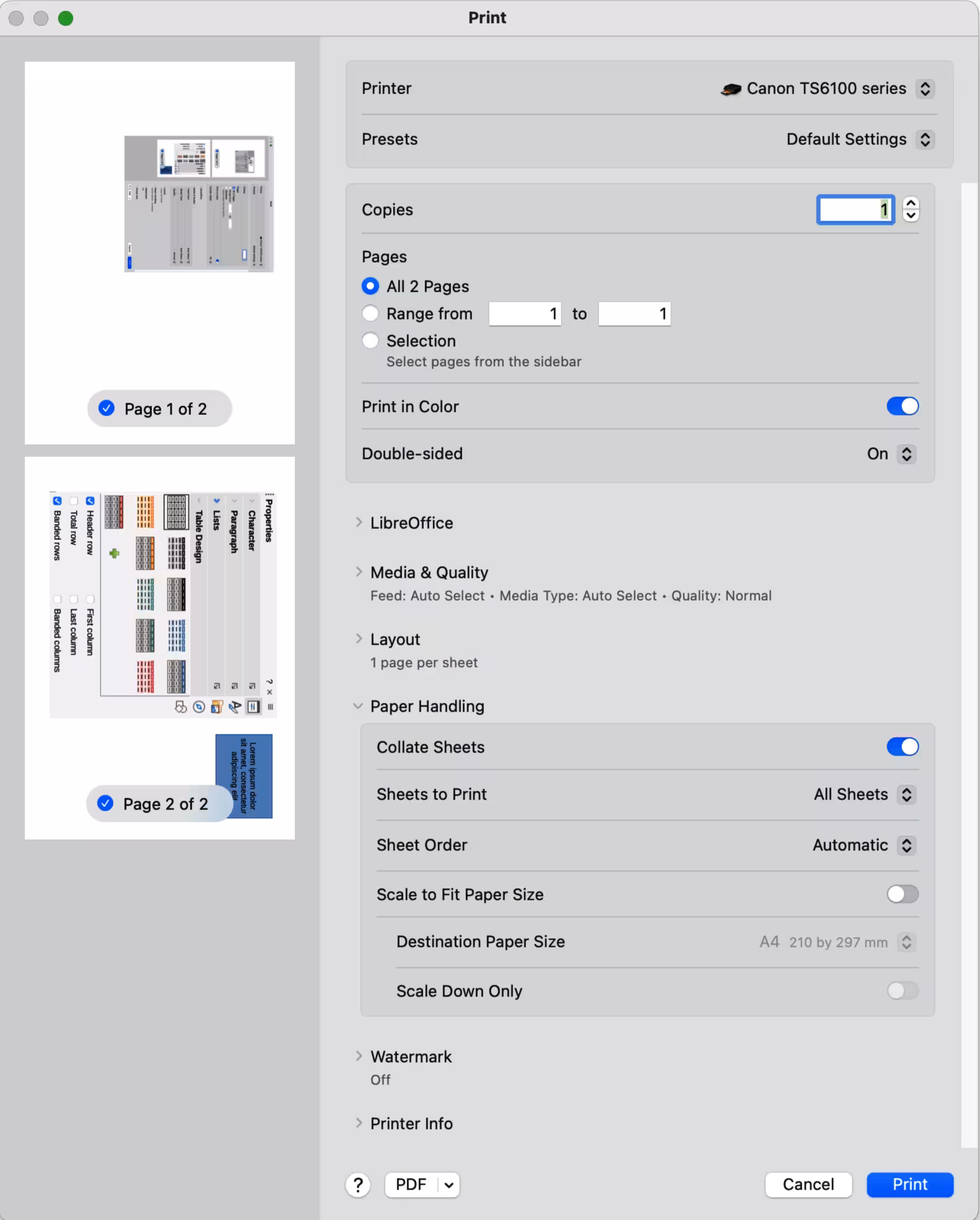 Example Print dialog — LibreOffice Paper Handling page — macOS