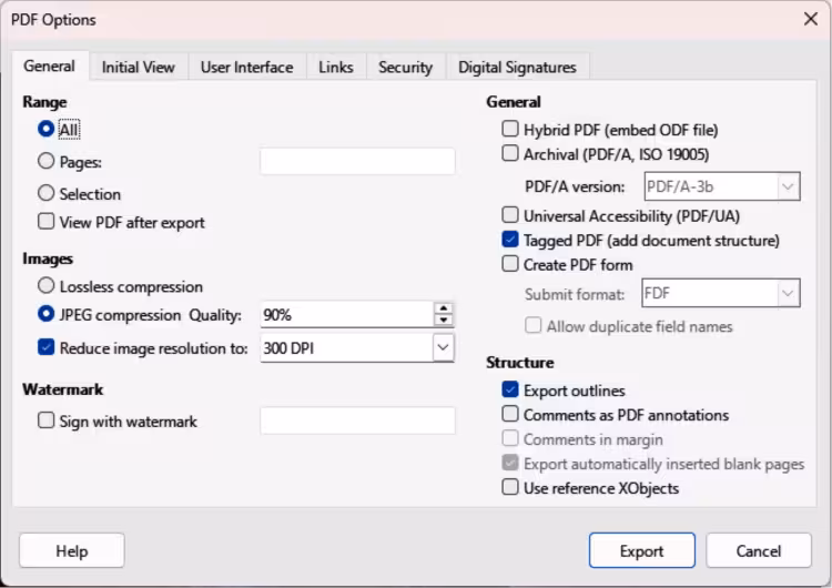 PDF Options dialog — General page