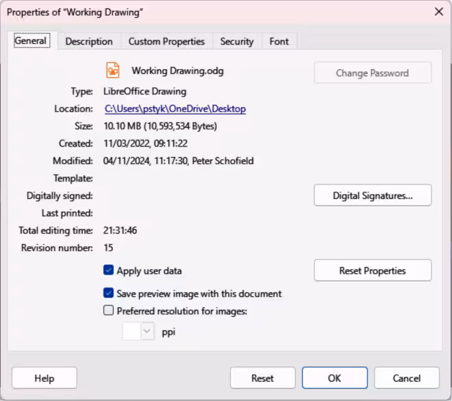 Properties dialog — General page