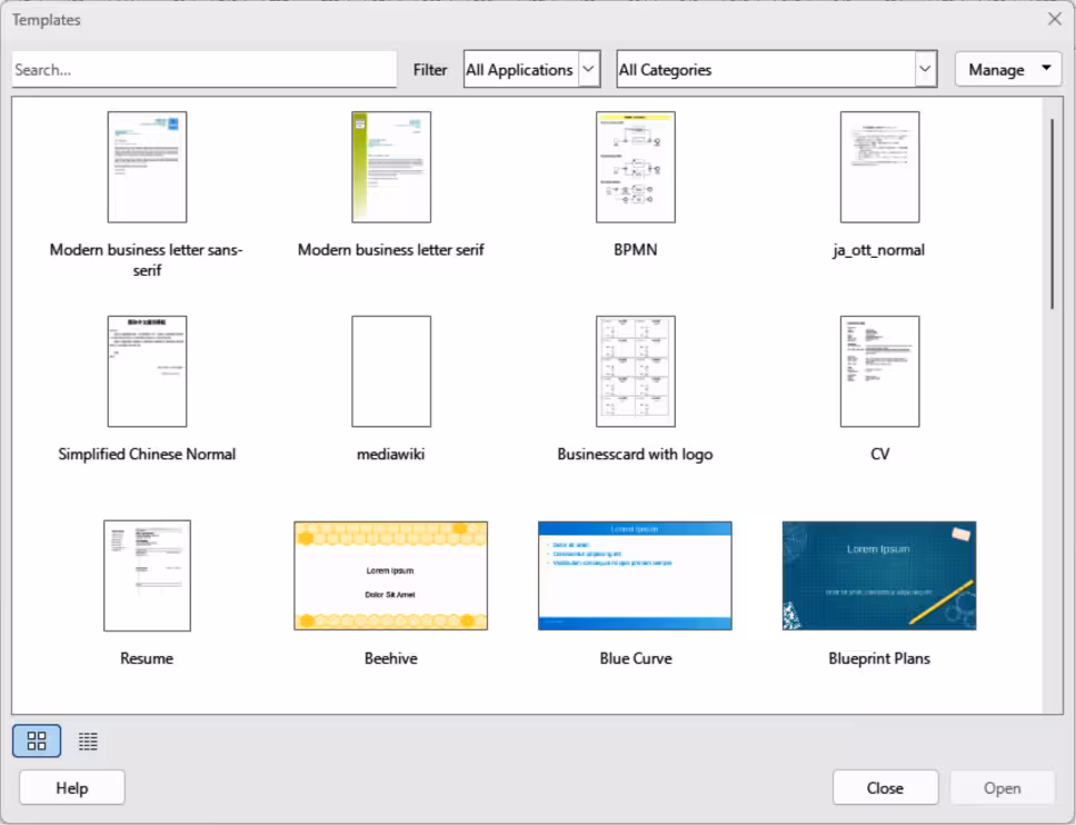 Templates dialog