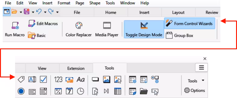 Tabbed user interface — Tools tab