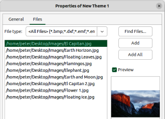 Figure 26: Properties of New Theme dialog — Files page