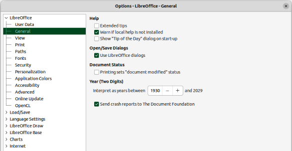 Options LibreOffice dialog — General page