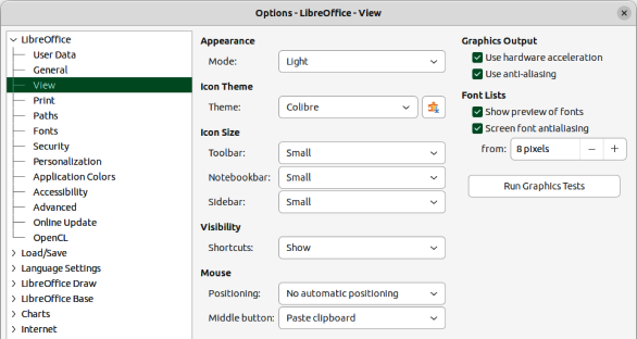 Options LibreOffice dialog — View page