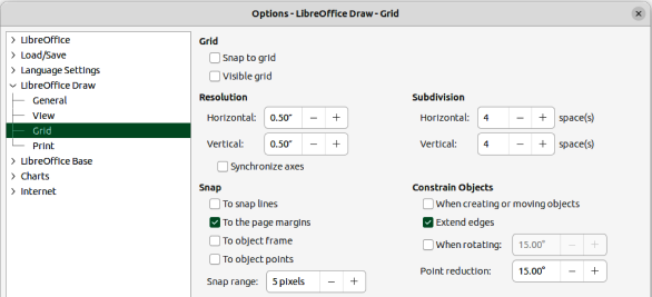 Options LibreOffice Draw dialog — Grid page