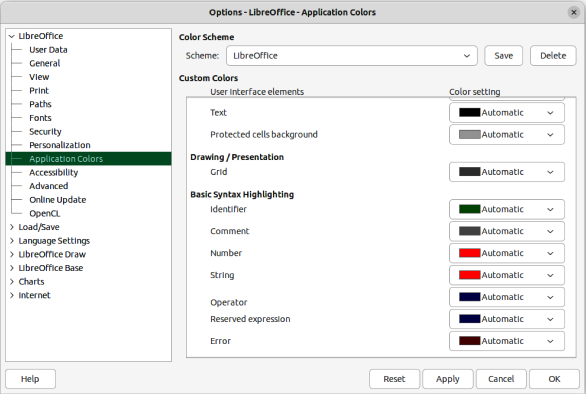 Options LibreOffice dialog — Application Colors page