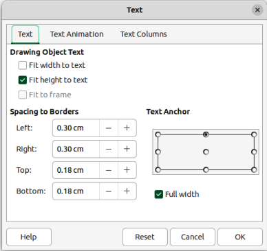 Text dialog — Text page — formatting text boxes