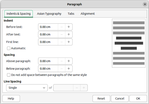 Paragraph dialog — Indents & Spacing page