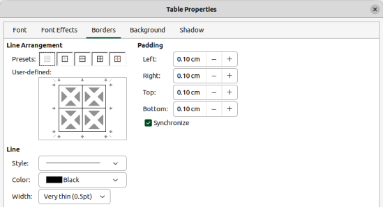 Table Properties dialog — Borders page