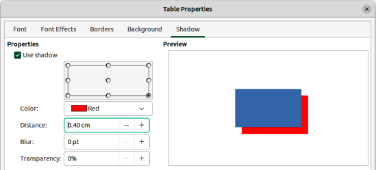 Table Properties dialog — Shadow page