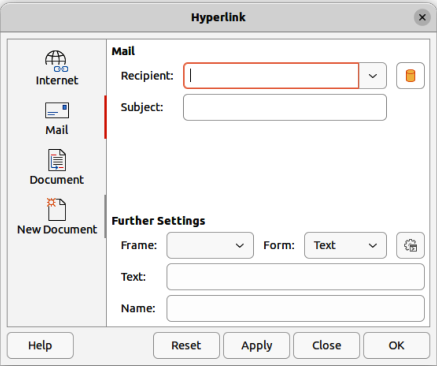 Hyperlink dialog — Mail page