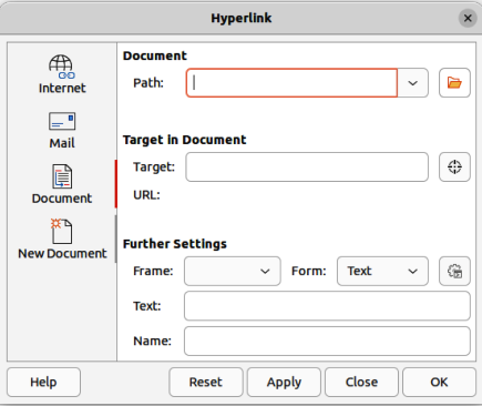 Hyperlink dialog — Document page