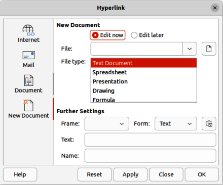 Hyperlink dialog — New Document page