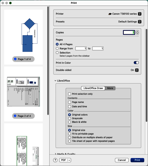 Example of Print dialog — LibreOffice Draw page — macOS