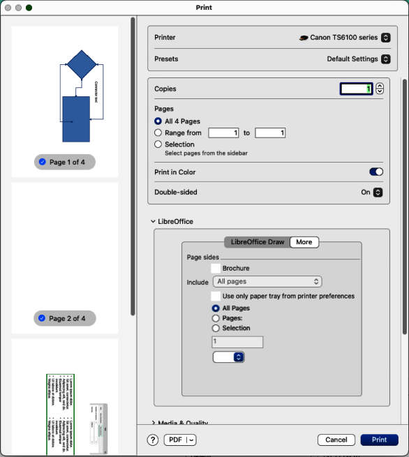 Example of Print dialog — LibreOffice Draw More page — macOS
