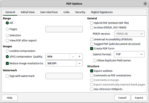 PDF Options dialog — General page
