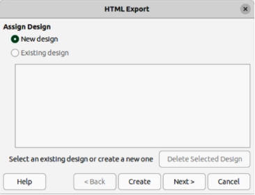 HTML Export dialog — Assign Design page