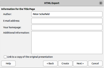 HTML Export dialog — Title page