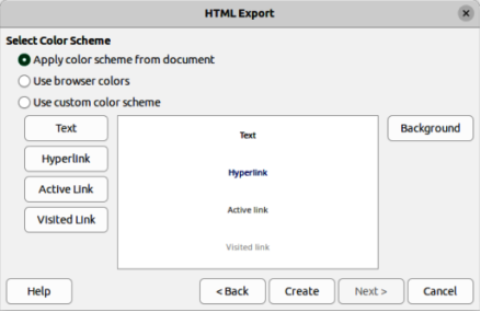 HTML Export dialog — Color Scheme page