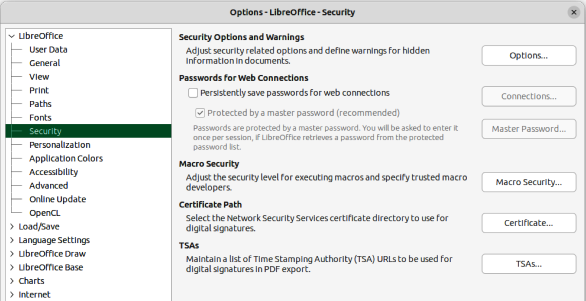 Options LibreOffice Security dialog