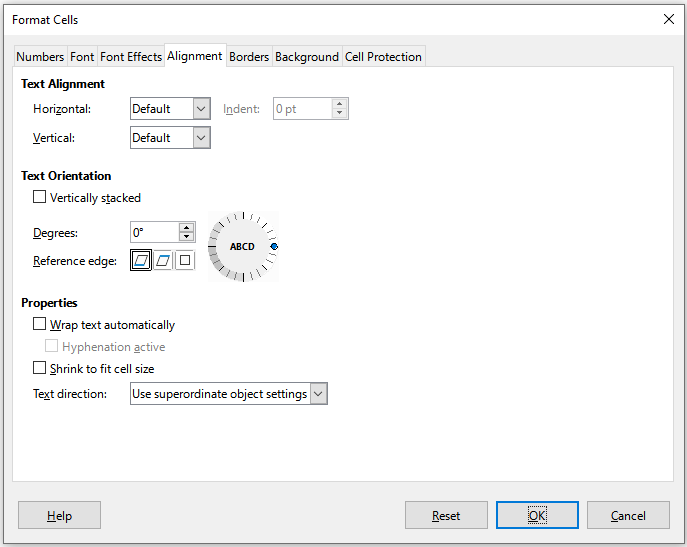 Format Cells dialog – Alignment tab