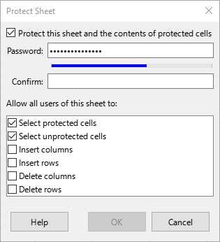 Protect Sheet dialog with password strength meter